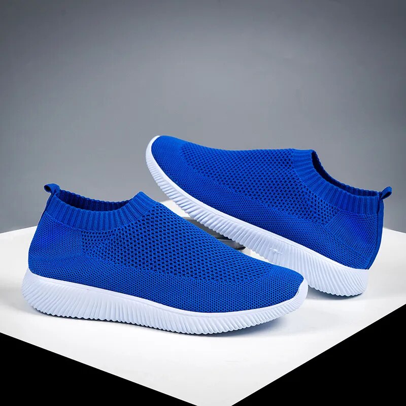 VIP Knitted Sneakers for Women Autumn Slip on Breathable Mesh Casual Shoes Woman Flat Heels Plus Size Loafers Zapatos Mujer 826navy