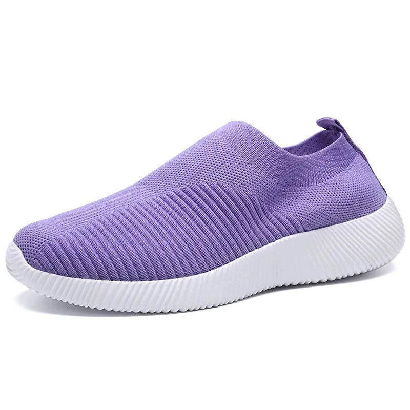 VIP Knitted Sneakers for Women Autumn Slip on Breathable Mesh Casual Shoes Woman Flat Heels Plus Size Loafers Zapatos Mujer 826purple