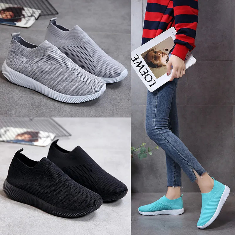 VIP Knitted Sneakers for Women Autumn Slip on Breathable Mesh Casual Shoes Woman Flat Heels Plus Size Loafers Zapatos Mujer