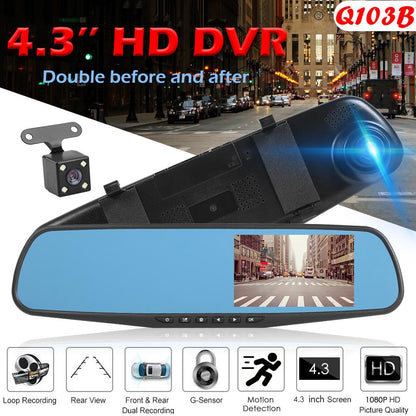 VODOOL 43 Dual Len Dashcam with Rearview Mirror, 1080P IPS Screen & Digital Video Recorder for Cars