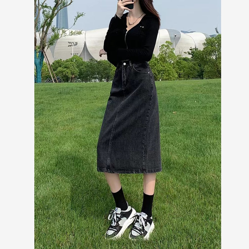 Vintage High Waist Women Denim Midi Skirt Summer Thin Section Slit A Line Skirts Fashion Casual All Match Denim Skirts