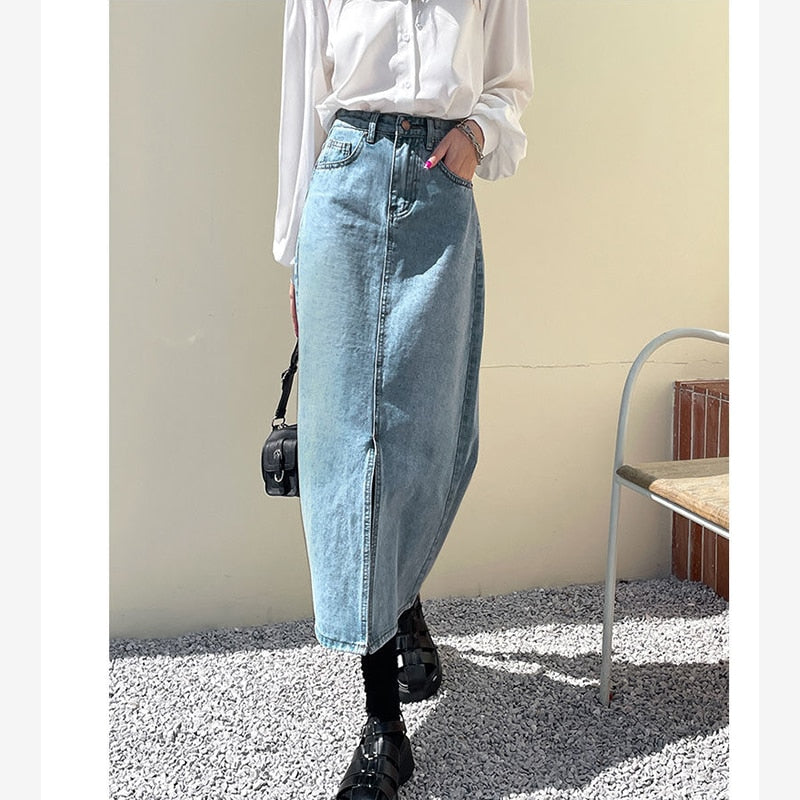 Vintage High Waist Women Denim Midi Skirt Summer Thin Section Slit A Line Skirts Fashion Casual All Match Denim Skirts light blue