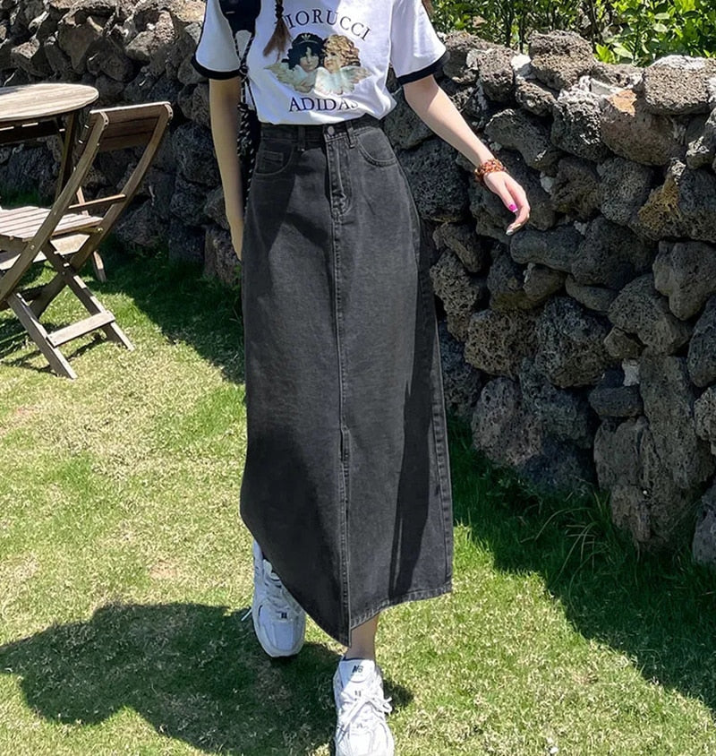 Vintage High Waist Women Denim Midi Skirt Summer Thin Section Slit A Line Skirts Fashion Casual All Match Denim Skirts Dark Grey