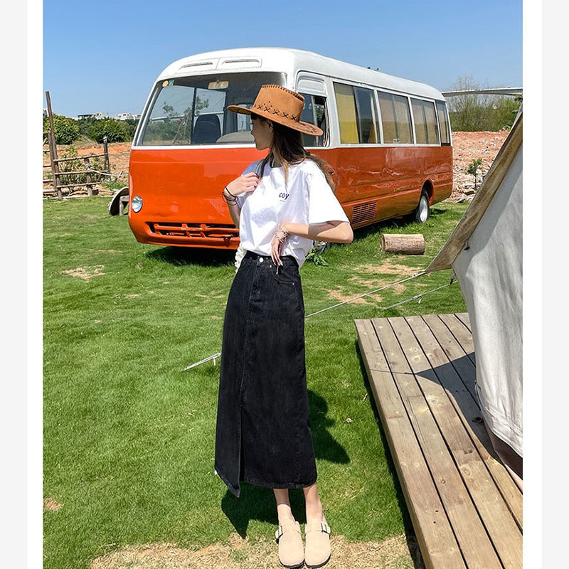 Vintage High Waist Women Denim Midi Skirt Summer Thin Section Slit A Line Skirts Fashion Casual All Match Denim Skirts Black