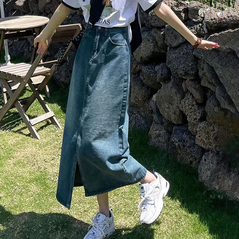 Vintage High Waist Women Denim Midi Skirt Summer Thin Section Slit A Line Skirts Fashion Casual All Match Denim Skirts retro blue