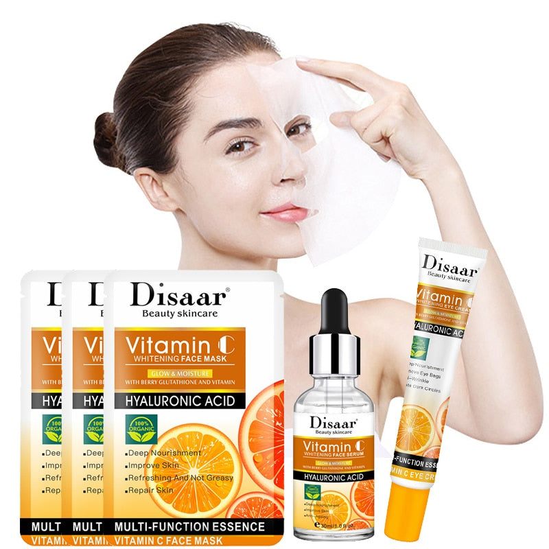 Vitamin C Face Serum Moisturizing Skin Mask Nicotinamide Improve Dullness Skin Facial Essence Eliminate Puffiness Eye Cream SET