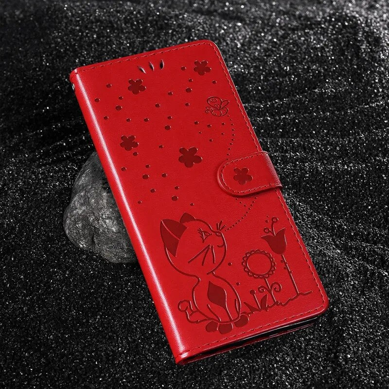 Wallet Cat And Bee Embossed Leather Cover For Redmi 12C 10 10A 10C 9A 9C 9T 8 6 Pro A1 Cover Red