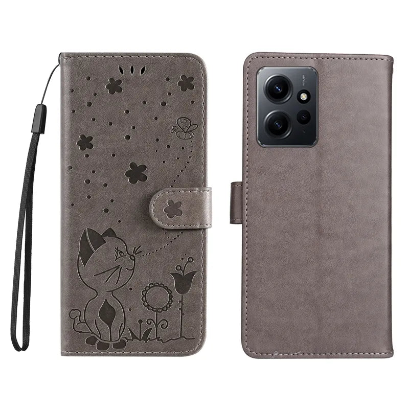 Wallet Cat And Bee Embossed Leather Cover For Redmi 12C 10 10A 10C 9A 9C 9T 8 6 Pro A1 Cover