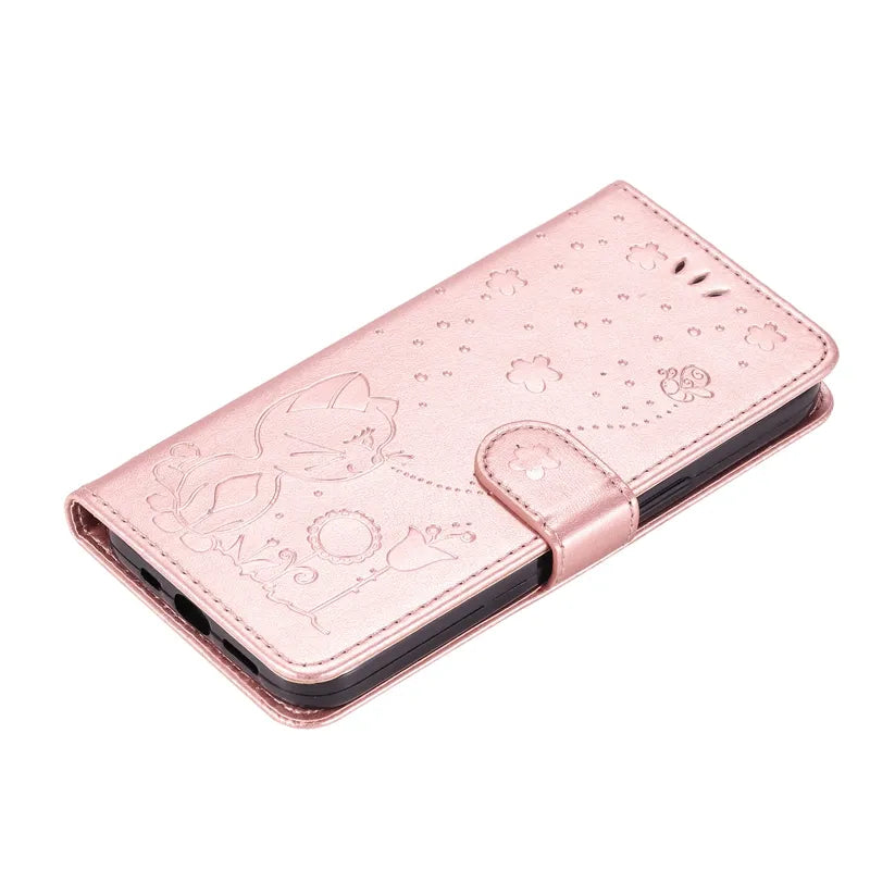 Wallet Cat And Bee Embossed Leather Cover For Redmi 12C 10 10A 10C 9A 9C 9T 8 6 Pro A1 Cover