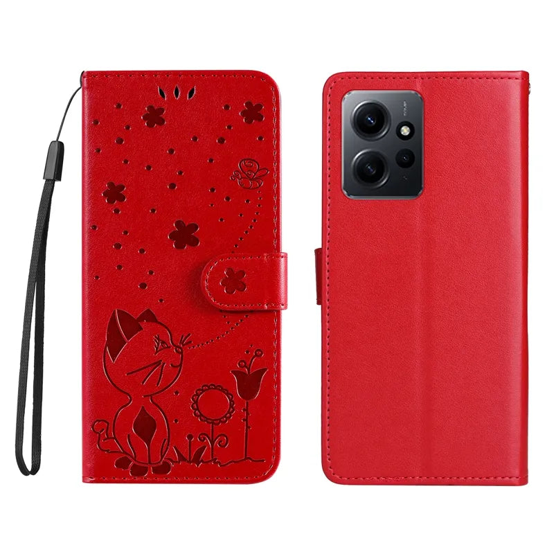 Wallet Cat And Bee Embossed Leather Cover For Redmi 12C 10 10A 10C 9A 9C 9T 8 6 Pro A1 Cover