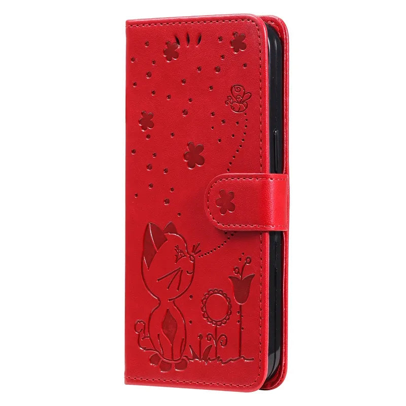 Wallet Cat And Bee Embossed Leather Cover For Redmi 12C 10 10A 10C 9A 9C 9T 8 6 Pro A1 Cover