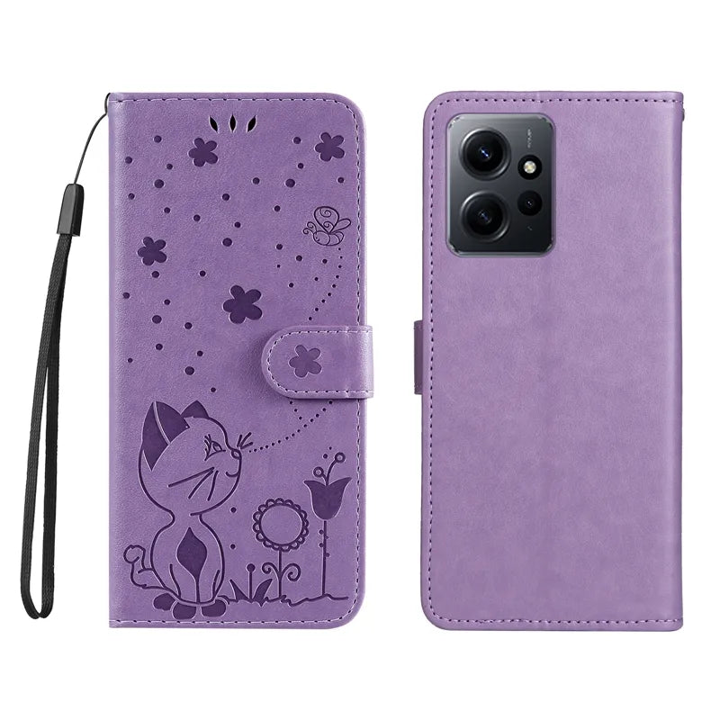 Wallet Cat And Bee Embossed Leather Cover For Redmi 12C 10 10A 10C 9A 9C 9T 8 6 Pro A1 Cover