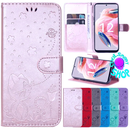 Wallet Cat And Bee Embossed Leather Cover For Redmi 12C 10 10A 10C 9A 9C 9T 8 6 Pro A1 Cover