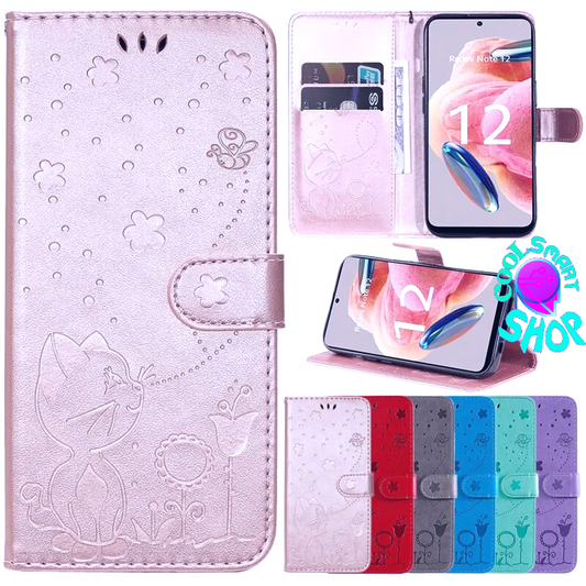 Wallet Cat And Bee Embossed Leather Cover For Redmi 12C 10 10A 10C 9A 9C 9T 8 6 Pro A1 Cover