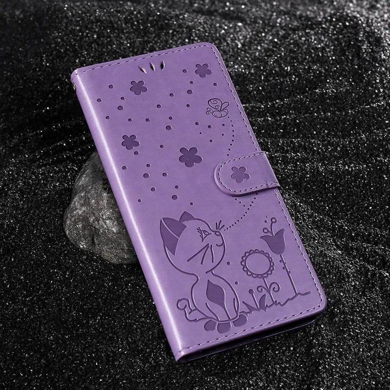 Wallet Cat And Bee Embossed Leather Cover For Redmi 12C 10 10A 10C 9A 9C 9T 8 6 Pro A1 Cover Purple