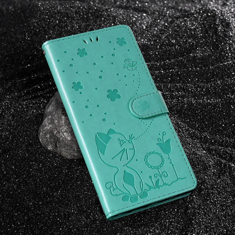 Wallet Cat And Bee Embossed Leather Cover For Redmi 12C 10 10A 10C 9A 9C 9T 8 6 Pro A1 Cover Green