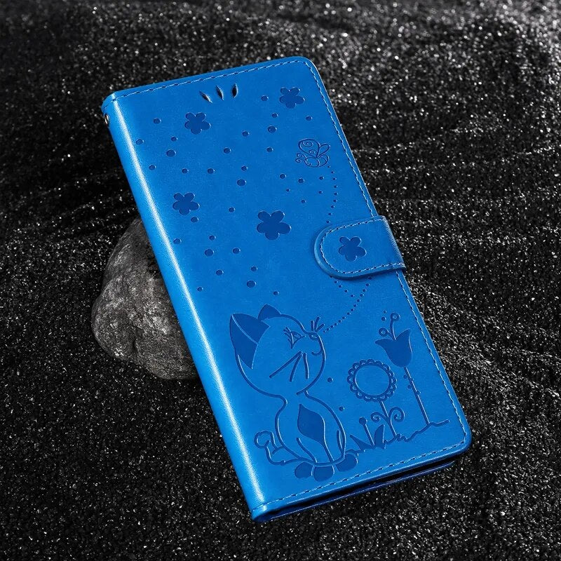 Wallet Cat And Bee Embossed Leather Cover For Redmi 12C 10 10A 10C 9A 9C 9T 8 6 Pro A1 Cover Blue
