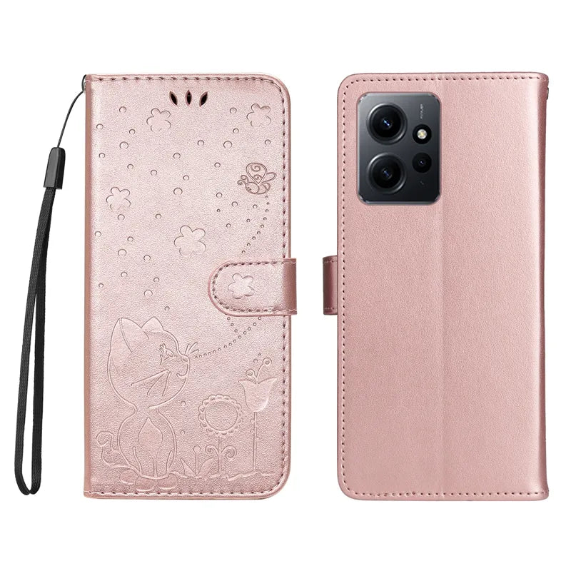 Wallet Cat And Bee Embossed Leather Cover For Redmi A2 Lite Xiaomi 13 Pro 12 Pro 12T 11T 10 Pro Cover