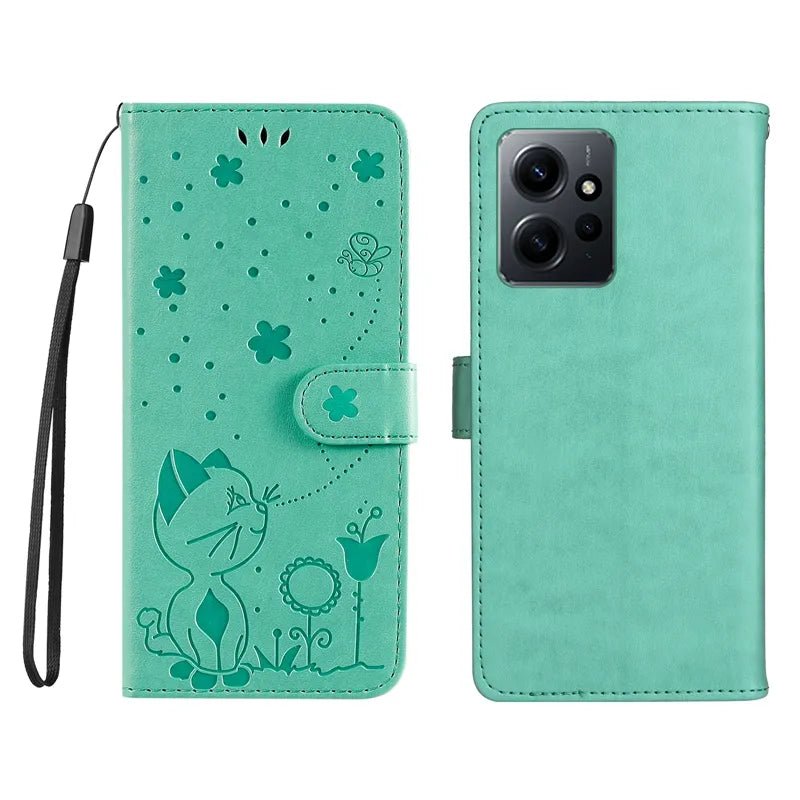 Wallet Cat And Bee Embossed Leather Cover For Redmi A2 Lite Xiaomi 13 Pro 12 Pro 12T 11T 10 Pro Cover