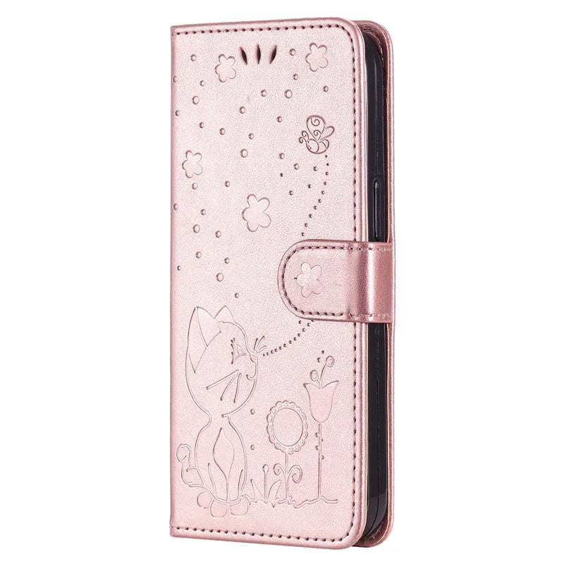 Wallet Cat And Bee Embossed Leather Cover For Redmi A2 Lite Xiaomi 13 Pro 12 Pro 12T 11T 10 Pro Cover