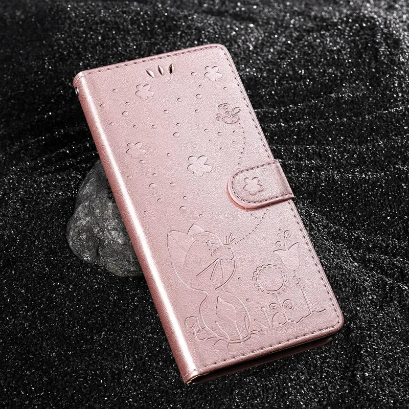 Wallet Cat And Bee Embossed Leather Cover For Redmi A2 Lite Xiaomi 13 Pro 12 Pro 12T 11T 10 Pro Cover