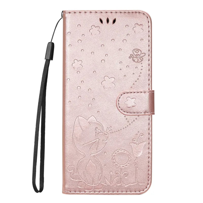 Wallet Cat And Bee Embossed Leather Cover For Redmi A2 Lite Xiaomi 13 Pro 12 Pro 12T 11T 10 Pro Cover