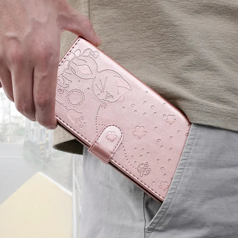 Wallet Cat And Bee Embossed Leather Cover For Redmi A2 Lite Xiaomi 13 Pro 12 Pro 12T 11T 10 Pro Cover