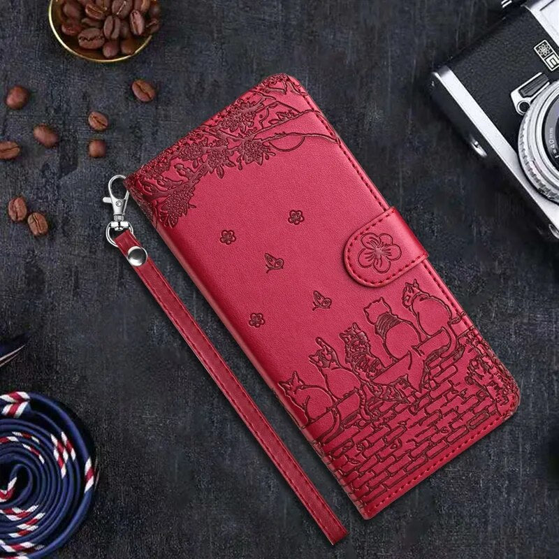Wallet Cat Embossed Flip Over Leather Case For Xiaomi Redmi 12C 11A K60 Pro Note 12 12 Pro 12S 11S 11 Pro Plus Red