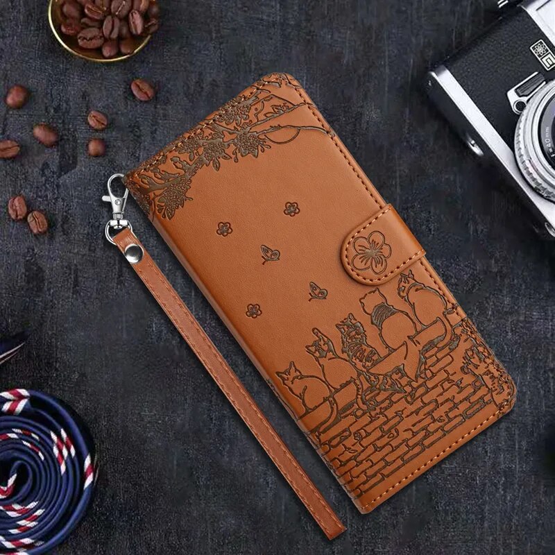 Wallet Cat Embossed Flip Over Leather Case For Xiaomi Redmi 12C 11A K60 Pro Note 12 12 Pro 12S 11S 11 Pro Plus Brown