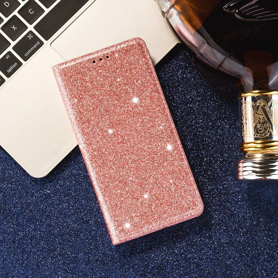 Wallet Glitter Leather Case For Xiaomi Redmi Note 12S 11 Pro 11S 10 Pro 9 Pro 8 12C 10C 9A 9C 9T Poco X5 Pro 11T 12T Pro 13 Lite Rose gold