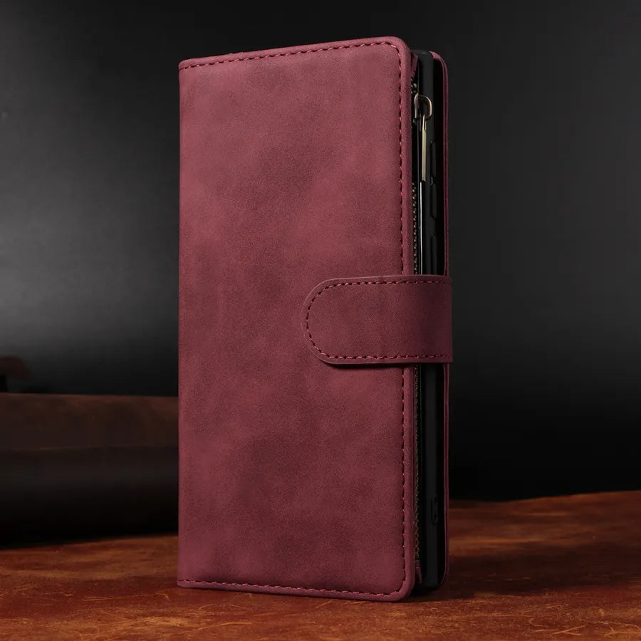 Wallet Multi-card Zipper Leather Case For Samsung Galaxy S23 Ultra S22 S21 Ultra S20 FE S10 S9 S8 Plus Note 20 Ultra 10 Lite 9 Wine red