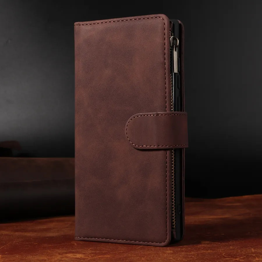 Wallet Multi-card Zipper Leather Case For Samsung Galaxy S23 Ultra S22 S21 Ultra S20 FE S10 S9 S8 Plus Note 20 Ultra 10 Lite 9 Coffee