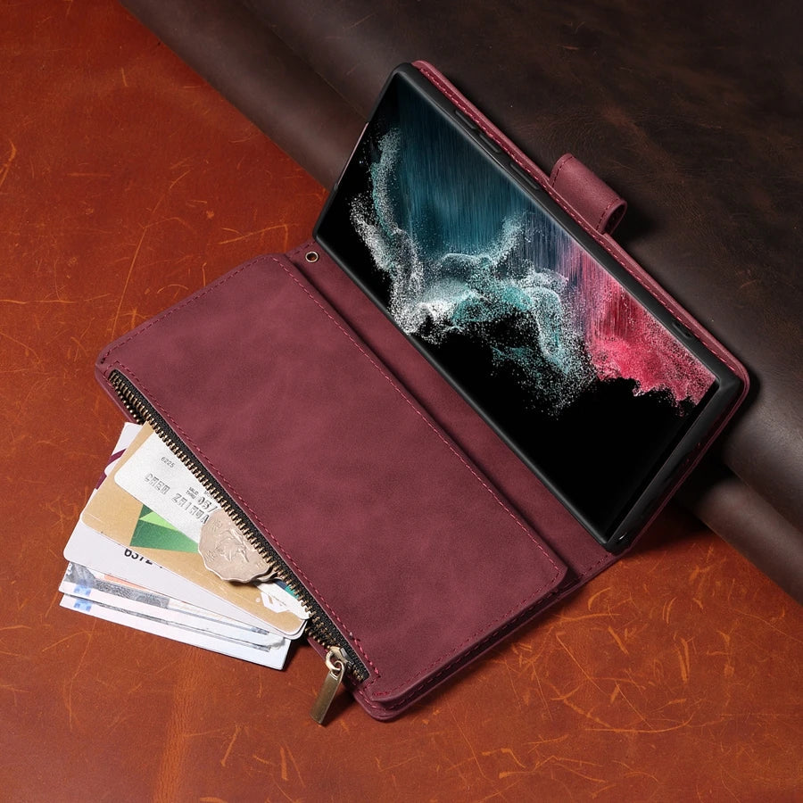 Wallet Multi-card Zipper Leather Case For Samsung Galaxy S23 Ultra S22 S21 Ultra S20 FE S10 S9 S8 Plus Note 20 Ultra 10 Lite 9