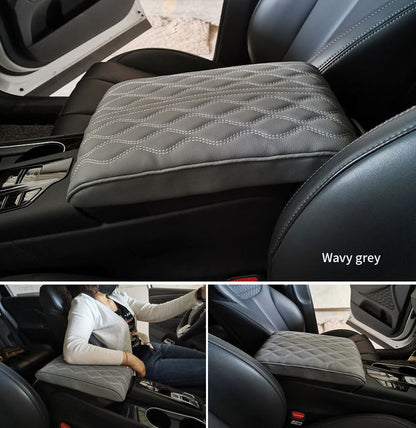 Wave Embroider PU Leather Car Armrest Mat Center Console Arm Rest Protection Cushion Auto Armrests Storage Box Cover Pad Gray