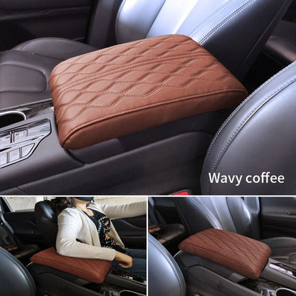Wave Embroider PU Leather Car Armrest Mat Center Console Arm Rest Protection Cushion Auto Armrests Storage Box Cover Pad Coffee