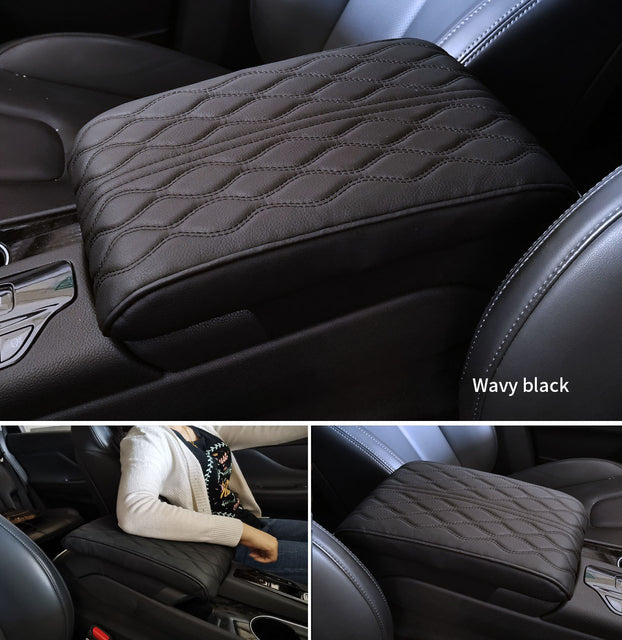 Wave Embroider PU Leather Car Armrest Mat Center Console Arm Rest Protection Cushion Auto Armrests Storage Box Cover Pad Black