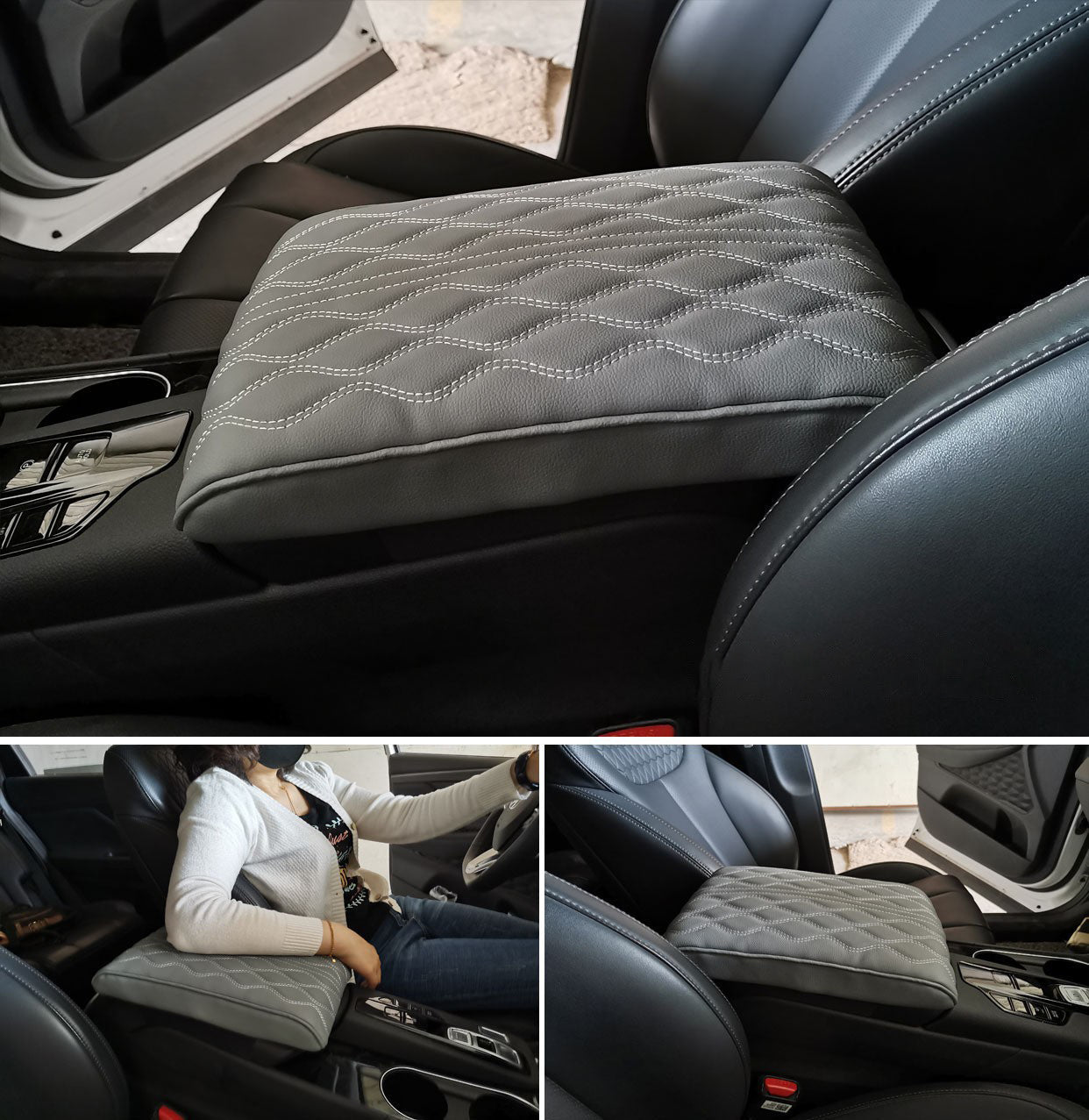 Wave Embroider PU Leather Car Armrest Mat Center Console Arm Rest Protection Cushion Auto Armrests Storage Box Cover Pad