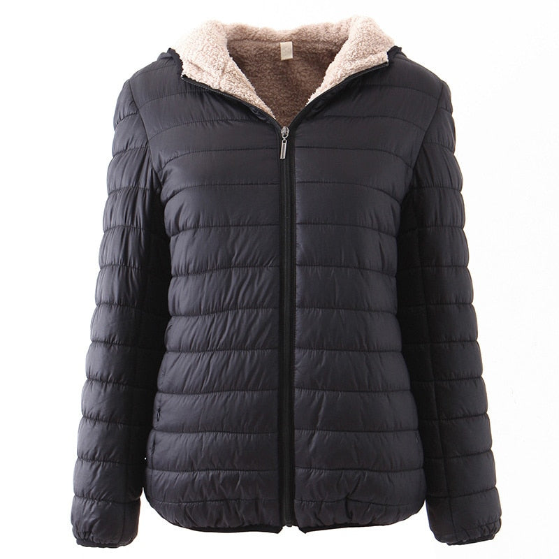 Winter New Hooded Female Coat Fleece Warm Europe Slim Long sleeve Black Women's Cotton Coat Jacket Black