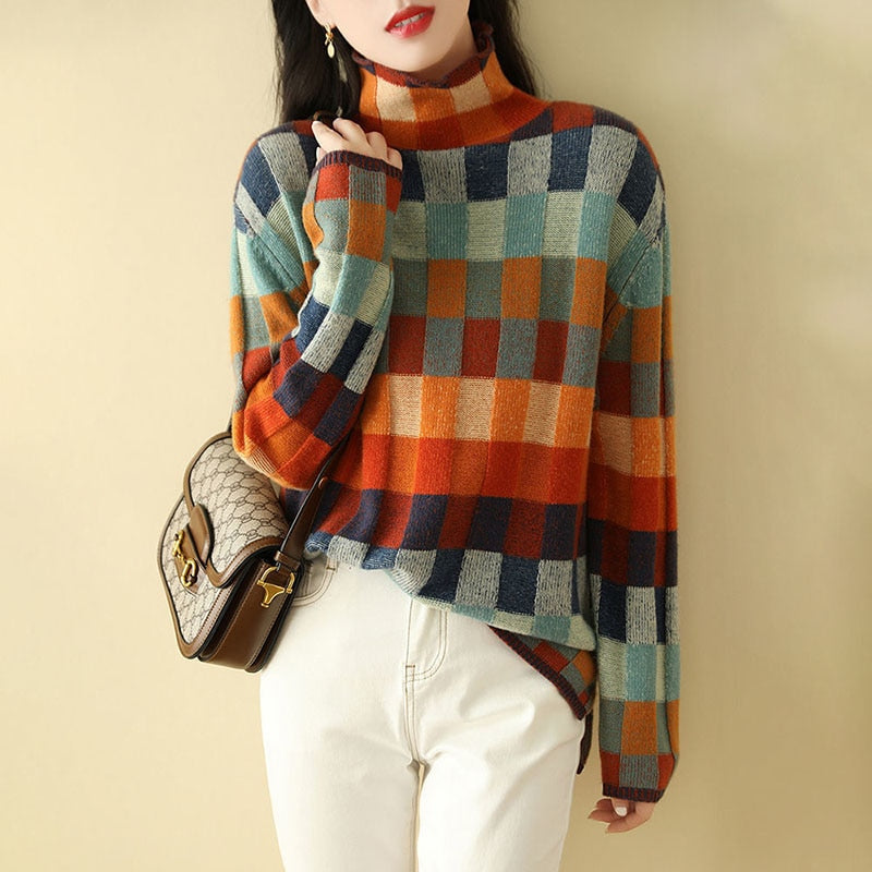 Winter Sweater Women Geometry Y2k Geometry Knitted Turtleneck Jumper All Match Long Sleeve Pullover Female Pulls Fashion