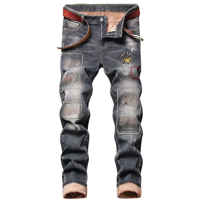 Winter Warm Jeans For Men Plus Velvet Hip Hop Streetwear Ripped Moto Bike Straight With Hole Fashion Trousers