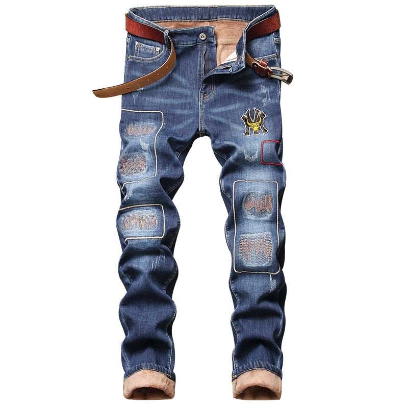 Winter Warm Jeans For Men Plus Velvet Hip Hop Streetwear Ripped Moto Bike Straight With Hole Fashion Trousers NO BELT 816 B