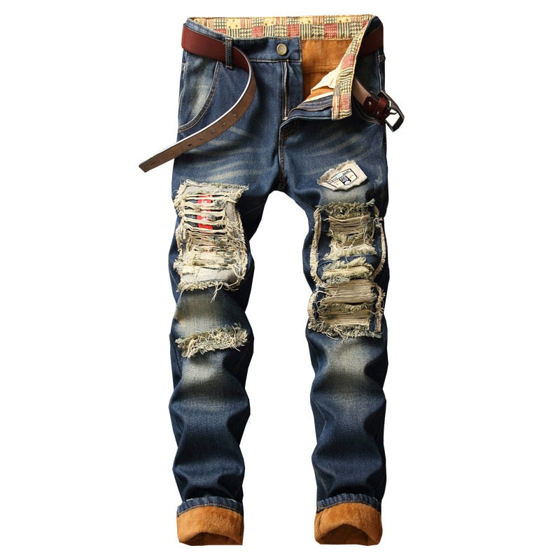 Winter Warm Jeans For Men Plus Velvet Hip Hop Streetwear Ripped Moto Bike Straight With Hole Fashion Trousers