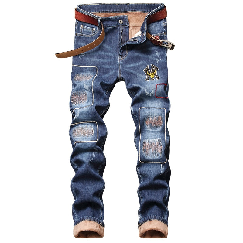 Winter Warm Jeans For Men Plus Velvet Hip Hop Streetwear Ripped Moto Bike Straight With Hole Fashion Trousers