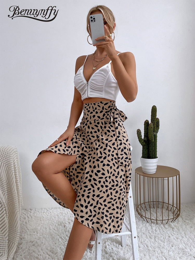 Women Casual Print Tie Side Wrap Skirt Elegant High Waist Female Summer Asymmetrical Knee Length A-Line Skirts