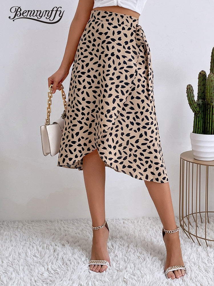 Women Casual Print Tie Side Wrap Skirt Elegant High Waist Female Summer Asymmetrical Knee Length A-Line Skirts