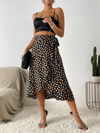 Women Casual Print Tie Side Wrap Skirt Elegant High Waist Female Summer Asymmetrical Knee Length A-Line Skirts Black