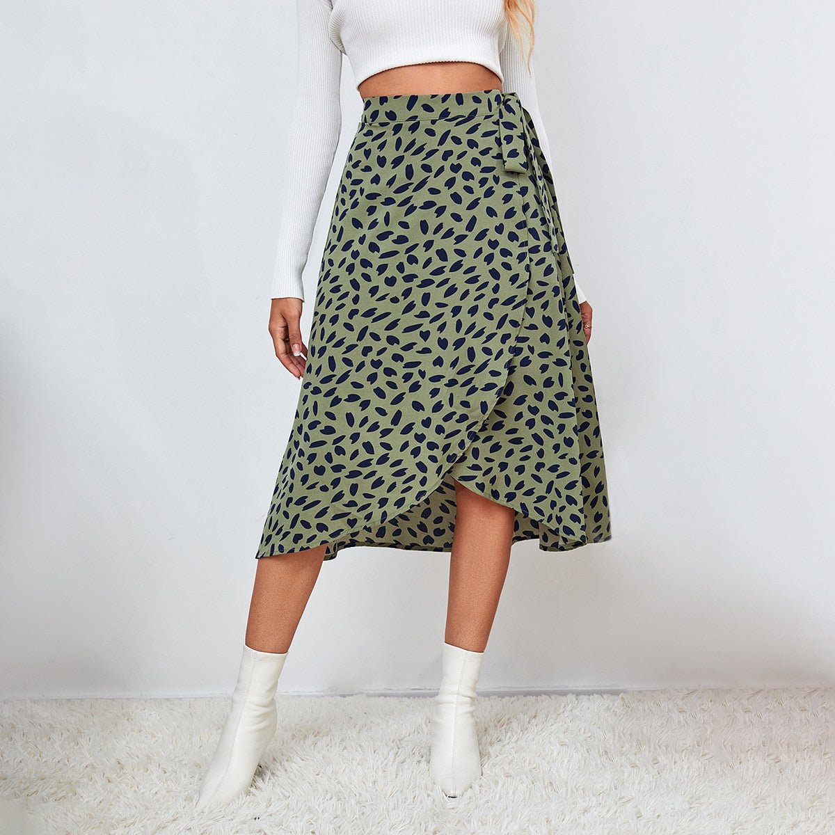 Women Casual Print Tie Side Wrap Skirt Elegant High Waist Female Summer Asymmetrical Knee Length A-Line Skirts Green