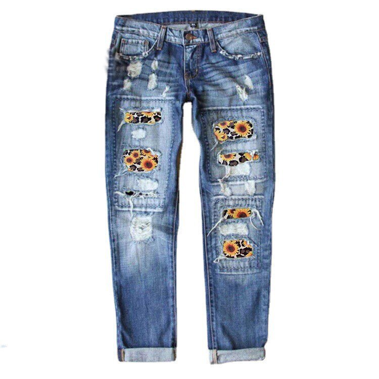 Women Casual Streetwear Jeans Female Ripped Hole Patch Trousers Pockets Bottoms Women Denim Pants O4 size runs large
