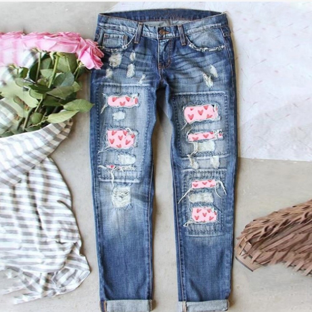 Women Casual Streetwear Jeans Female Ripped Hole Patch Trousers Pockets Bottoms Women Denim Pants