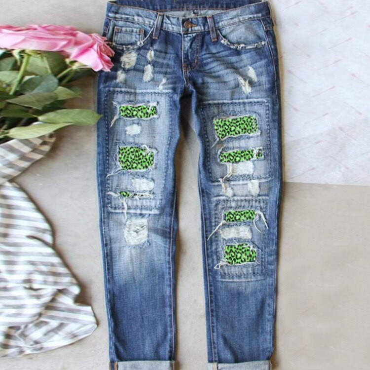 Women Casual Streetwear Jeans Female Ripped Hole Patch Trousers Pockets Bottoms Women Denim Pants